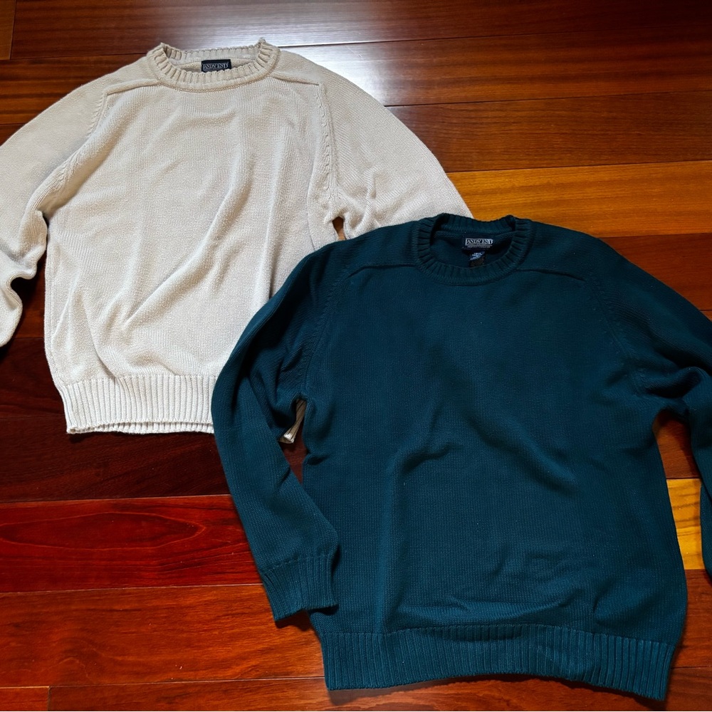 Lands' End Men's Cotton Crewneck Sweaters in Light Tan and Teal Green